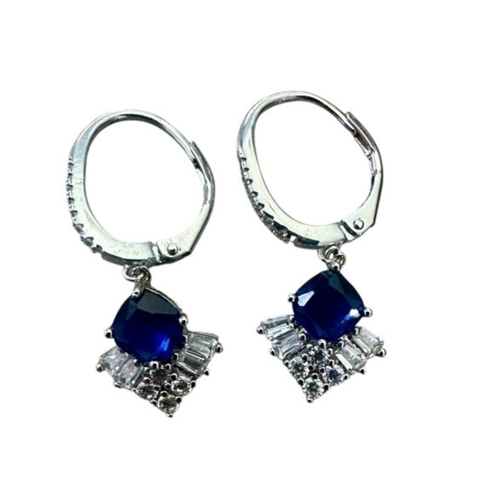 BP Bomb Party Dangle Drop Earrings - Blue Stone CZ - Rhodium Plated